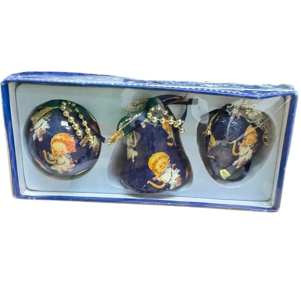 Giftco Angel Magic Decoupage Ornaments Set 3 Navy Blue Gold‎ Cherub Heart Bell
